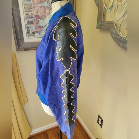 Vintage Royal Blue Suede Black Leather Patchwork Bomber Jacket Fox Run K… - Picture 9 of 16